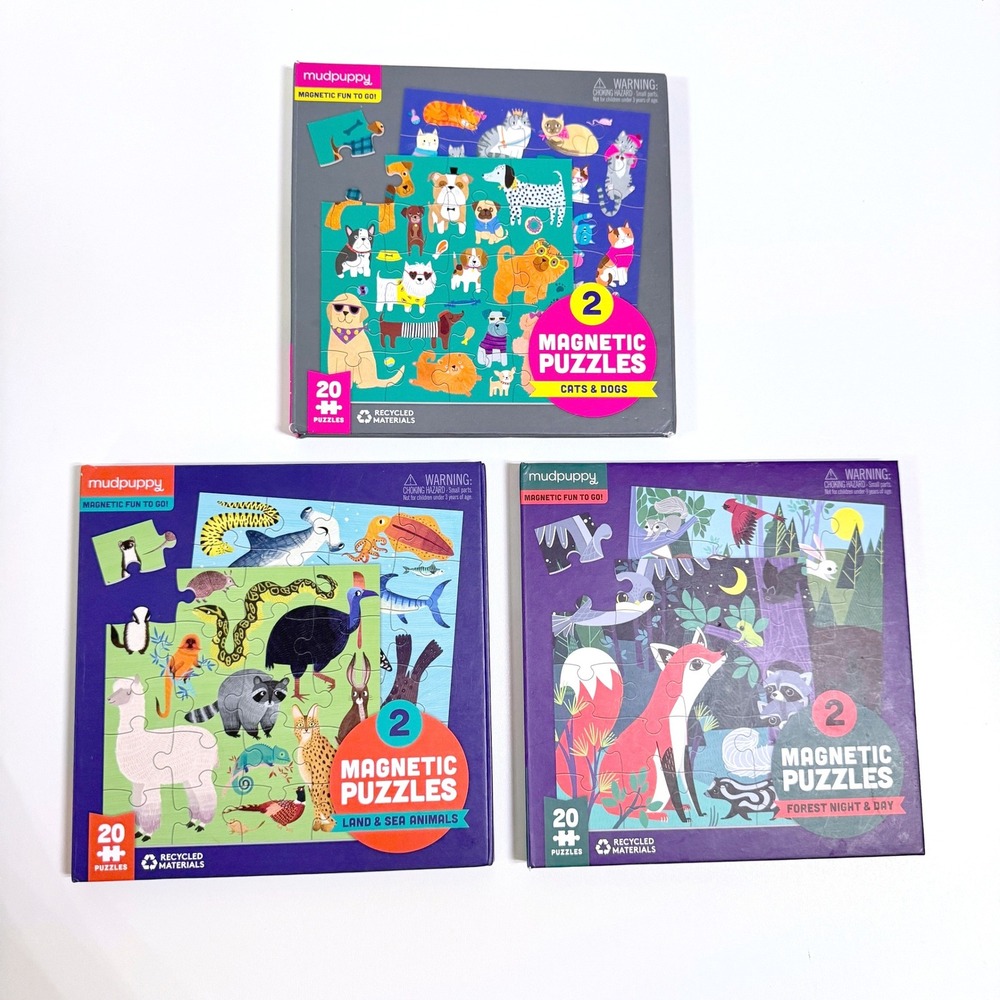Lot of 3 Mudpuppy Tri-Fold Magnetic Puzzles Bundle 20-Piece Animals Travel